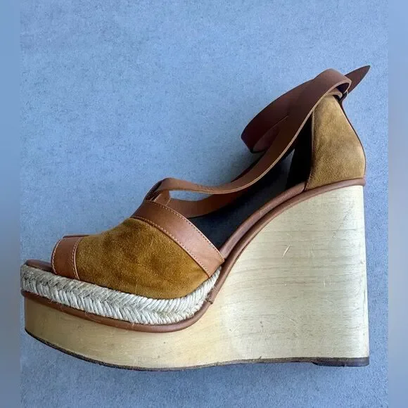 Hermes Tan Suede and Leather Wooden Wedge Ibiza Sandals size 38 - Picture 14 of 15